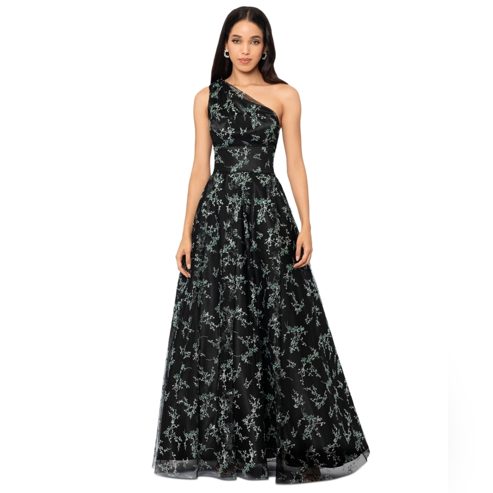 Blondie Nites Juniors' Glitter-Pattern One-Shoulder Gown